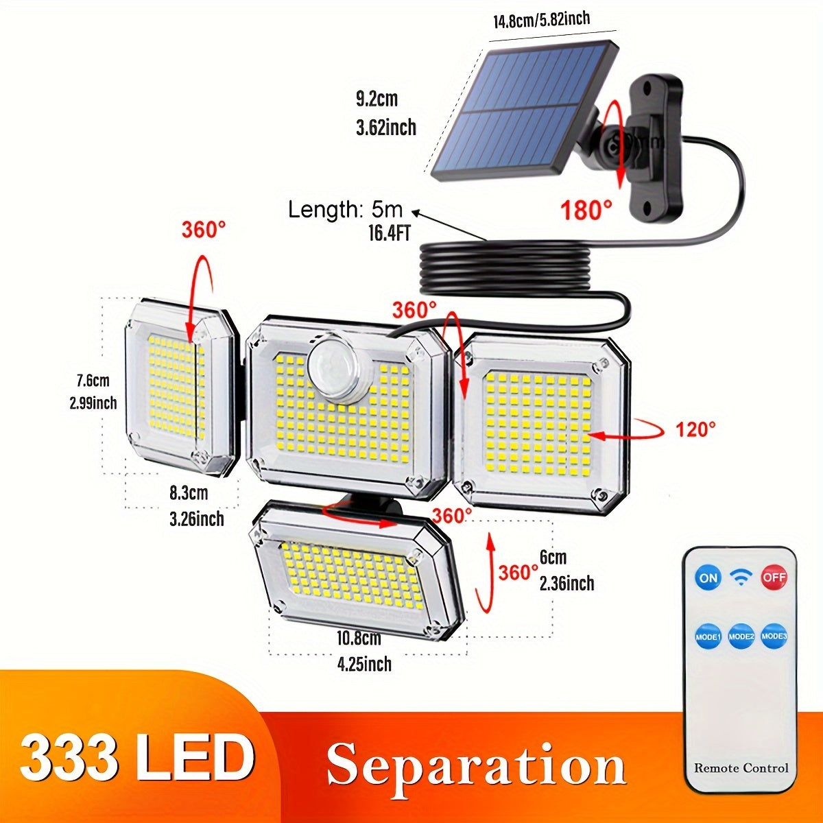 Outdoor Solar Floodlight with Motion Sensor Remote Control Adjustable Brightness Rechargeable Lithium Battery Wall Mount