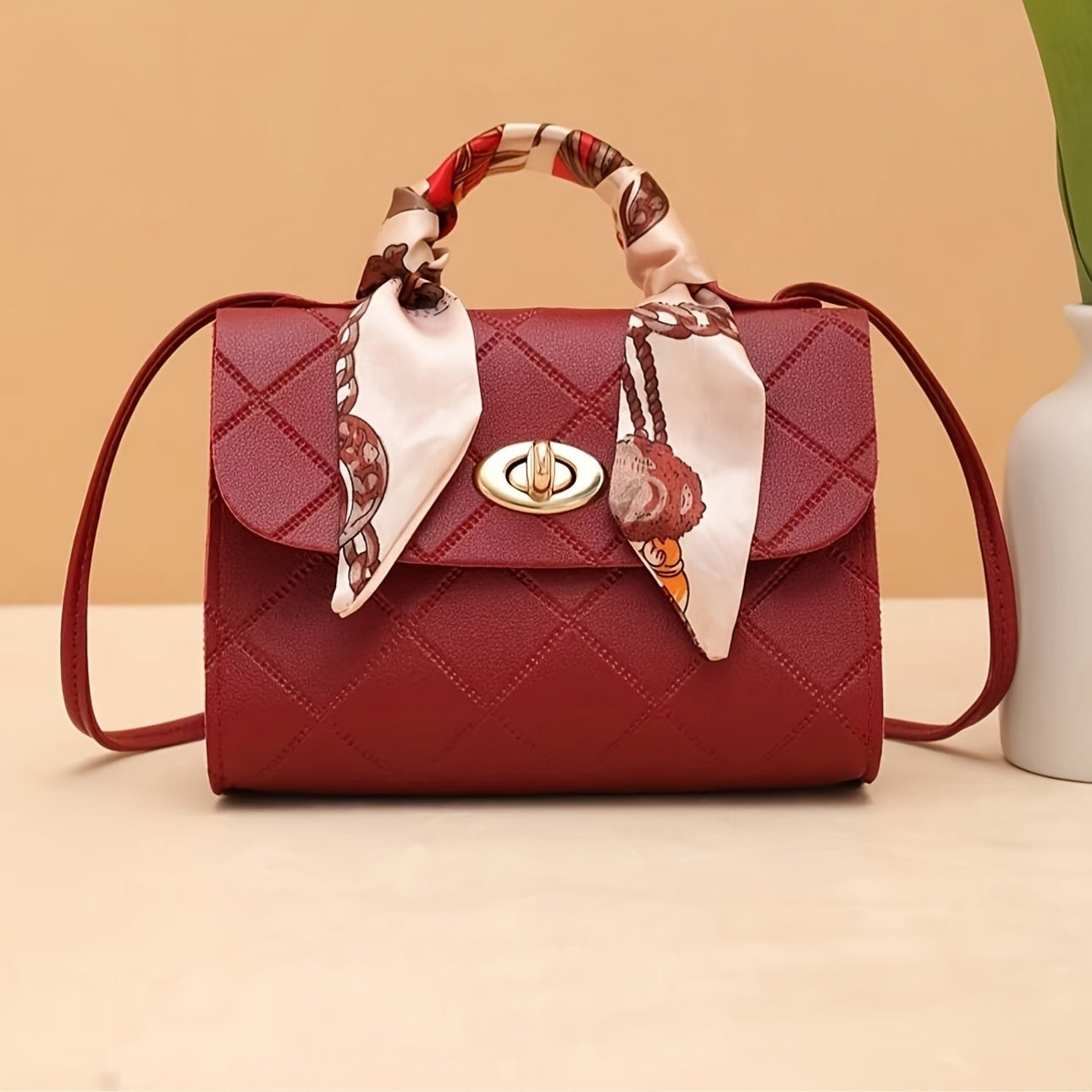 Quilted Crossbody Bag for Women with Reversible Scarf Stain-Resistant PU Minimalist Office Daily Use