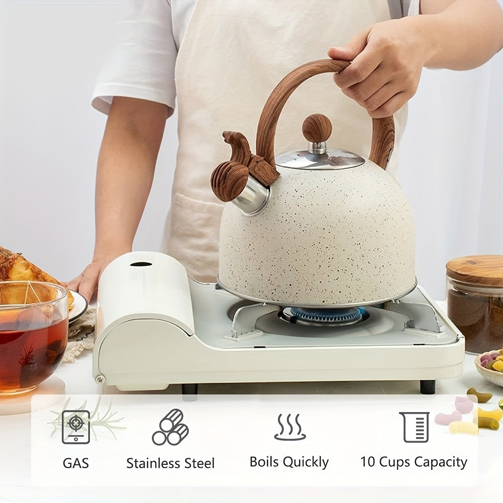 Hervidor de té de acero inoxidable de 2.5L con silbido, acabado en piedra y asa de madera