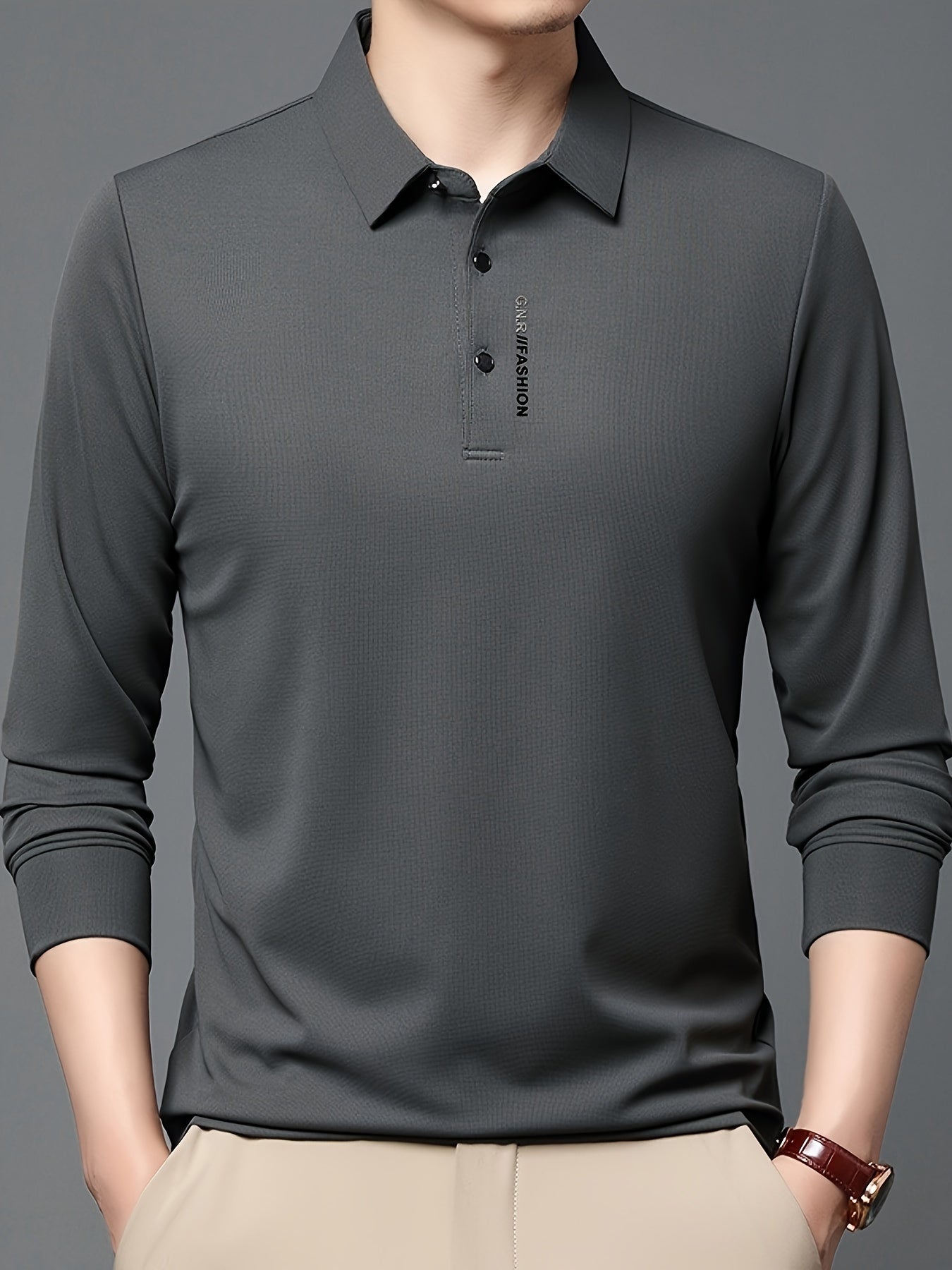 Men's Long Sleeve Solid Color Lapel T-Shirt Casual Breathable Knit Fabric