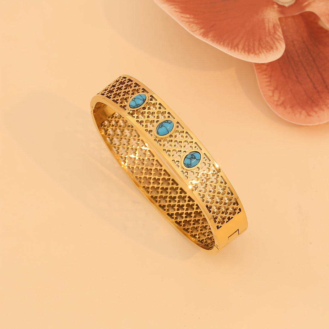 Women's Vintage Style 18K Gold Plated Stainless Steel Bracelet with Turquoise Inlay and Hollow Pattern