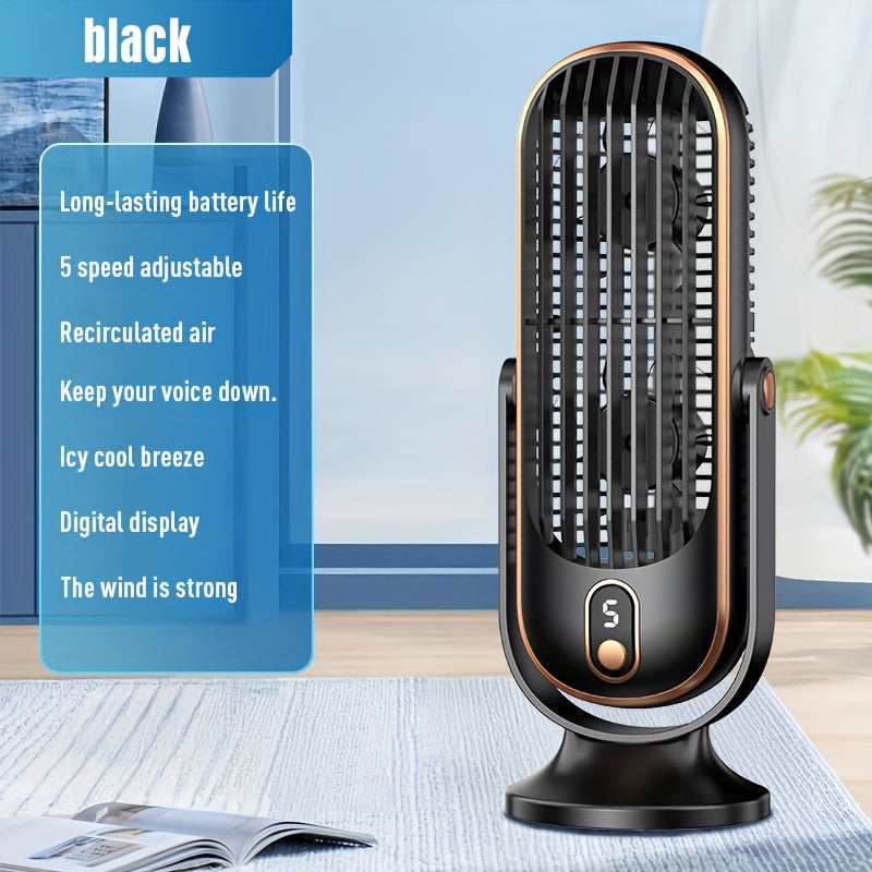 USB-Powered Desktop Fan with 1200mAh Battery, Digital Display, 5-Speed Control for Office Travel Camping