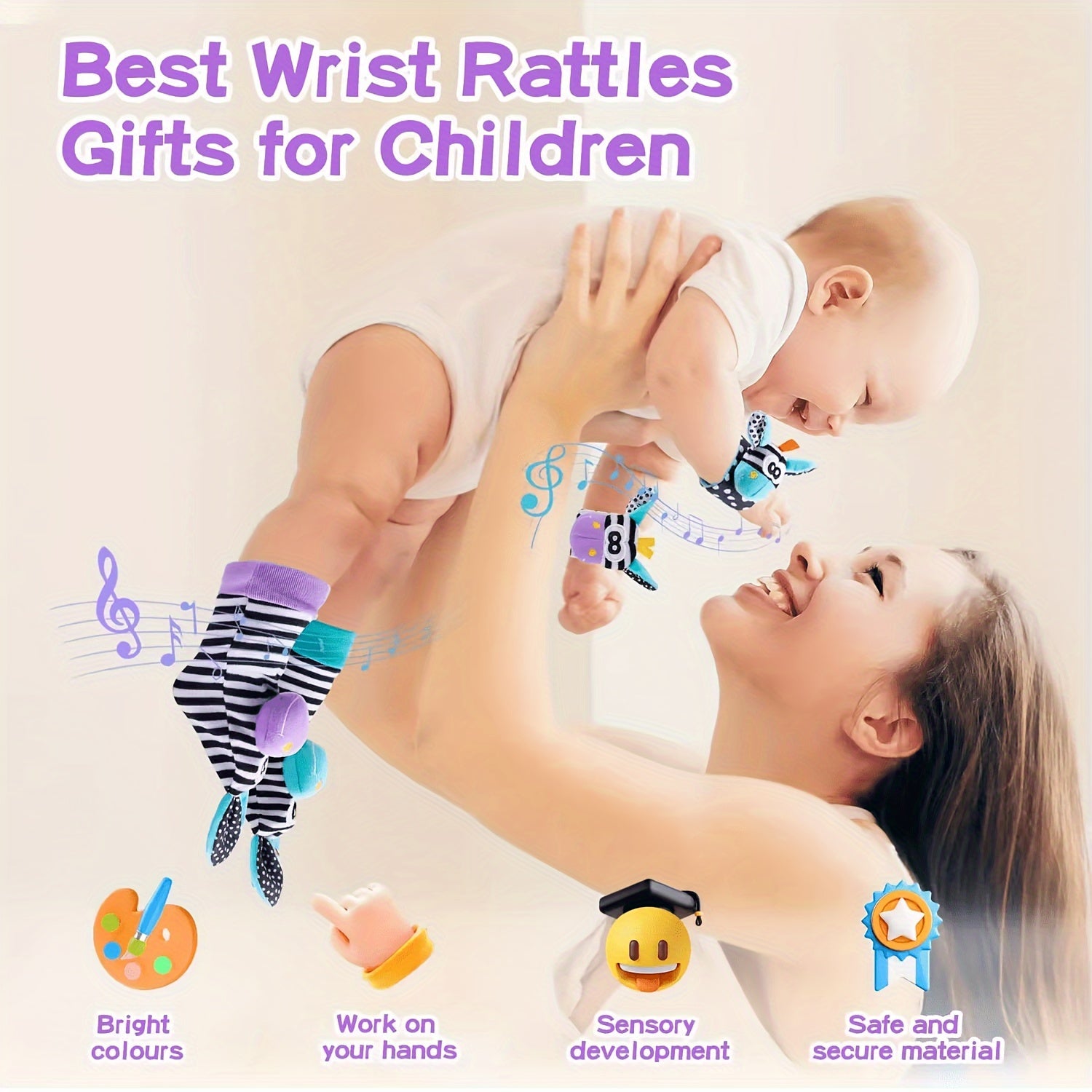 Set of 2 or 4 Baby Toys Animal Wrist Rattle and Foot Find Socks for Newborns