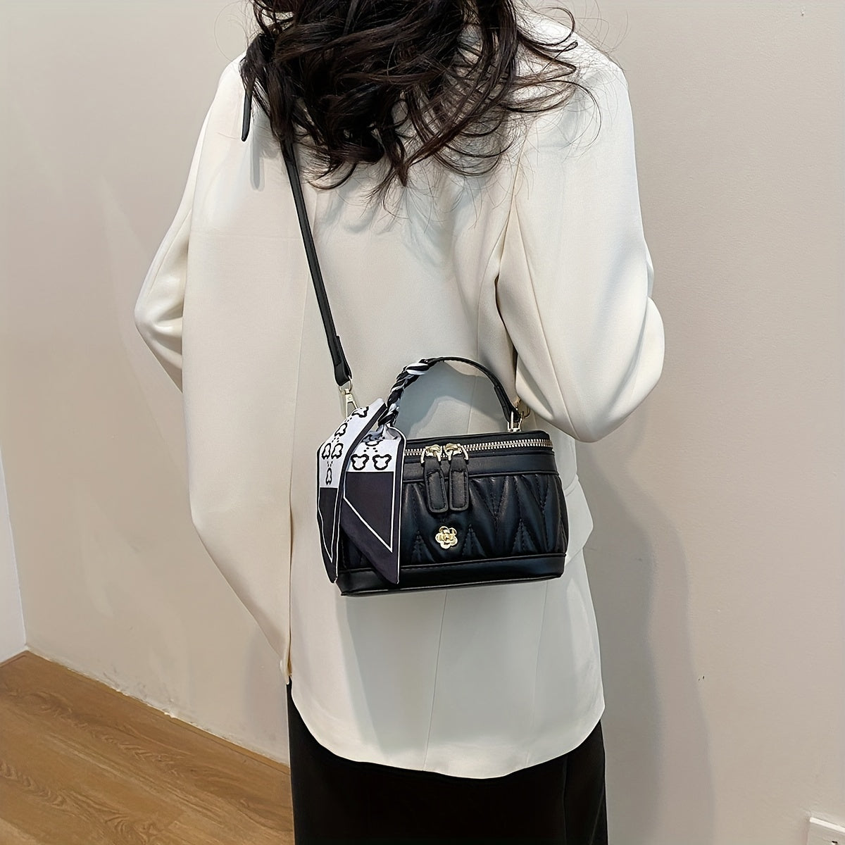 Quilted Box Handbag for Women with Contrast Crossbody Strap Black Coffee PU Embroidered Pattern