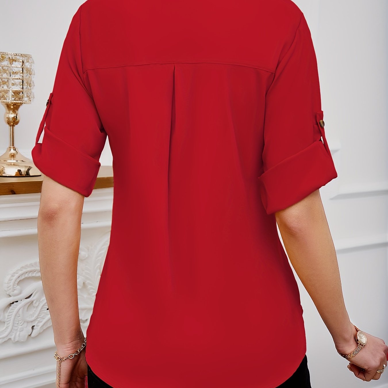 Pleated Blouse with Crew Neck Short Sleeves Solid Color Spring Summer Women