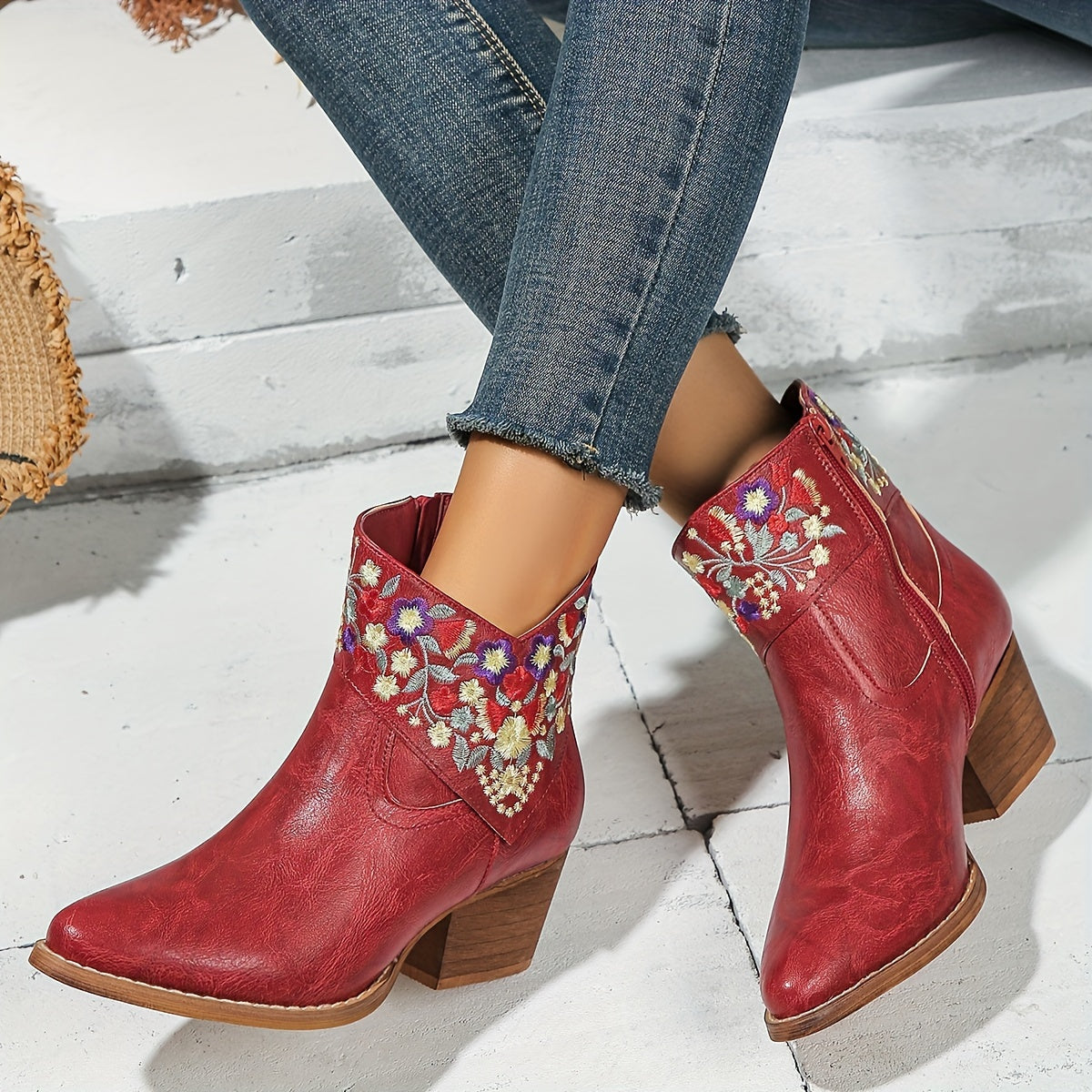 Women's Flower Pattern Chunky Heel Short Boots Leather Point Toe Ankle Zipper