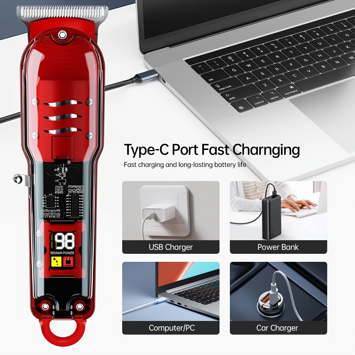 Red Electric Hair Clipper with LCD Display USB Rechargeable for Home Travel Salon