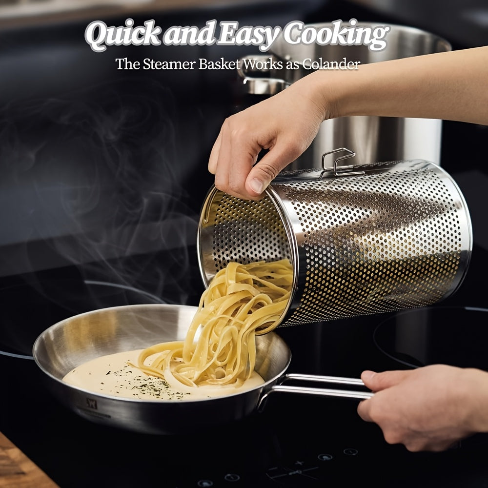 Olla de vapor y cocedor de pasta de acero inoxidable 4.3L con cesta perforada