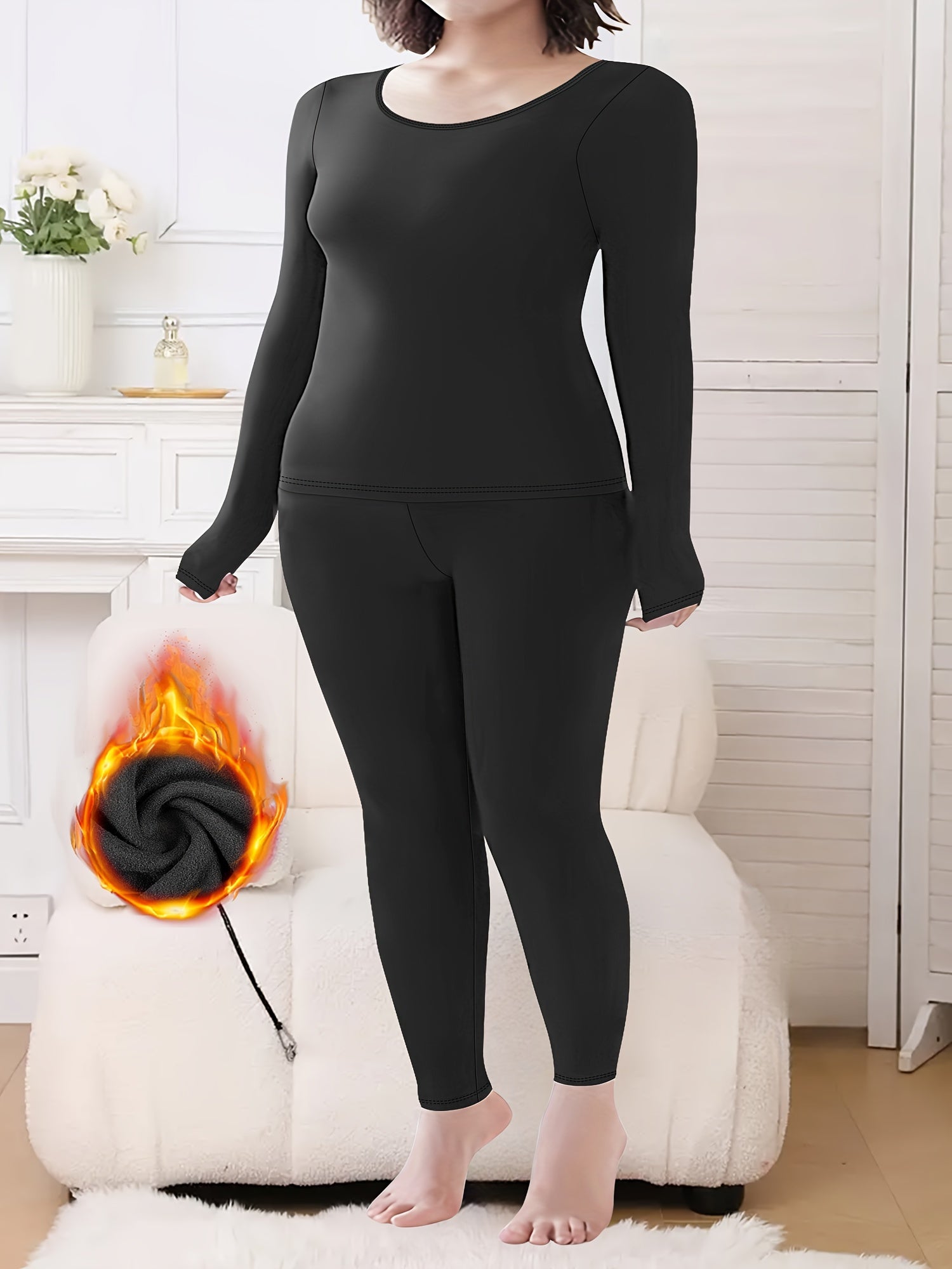 Women's Plus Size Thermal Lined Long Sleeve Base Layer Set Solid Color