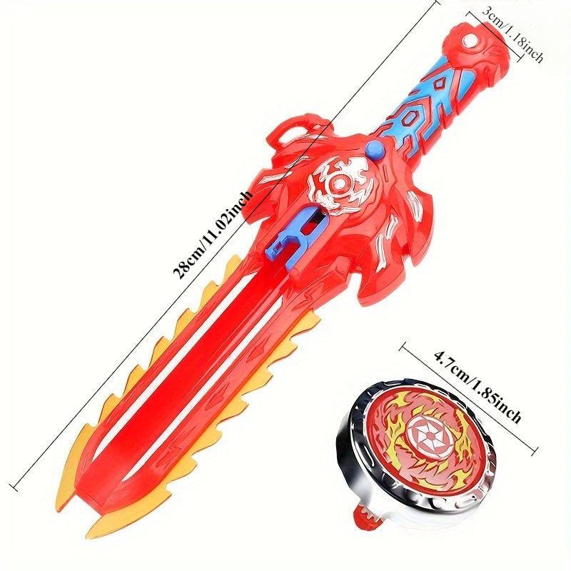 Ikki kishi gyro qilichlar bilan duel qilmoqda, bolalar esa narsalar va o'yinchoqlar bilan o'ynashmoqda.