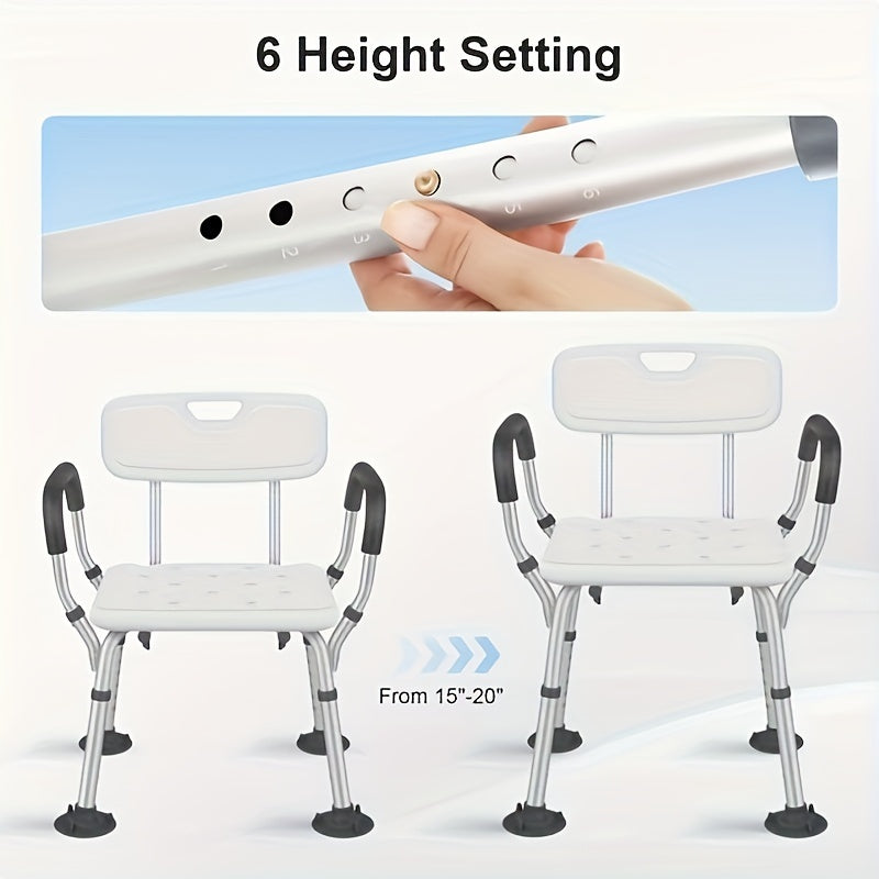 Orqa yostiqli sozlanadigan dush stuli, yostiqlangan tutqichlar, sirpanmaydigan oyoqlar, keksa va nogironlar uchun