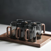 2/6 High Borosilicate Glass Water Cups with Smoke Green Wooden Handles and Black Walnut Tea Set