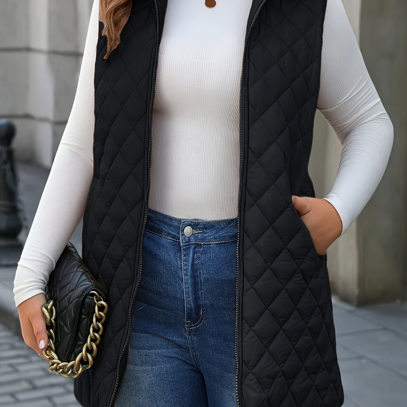 Plus-Size Quilted Vest with Stand Collar and Mid-Length Zip for Winter