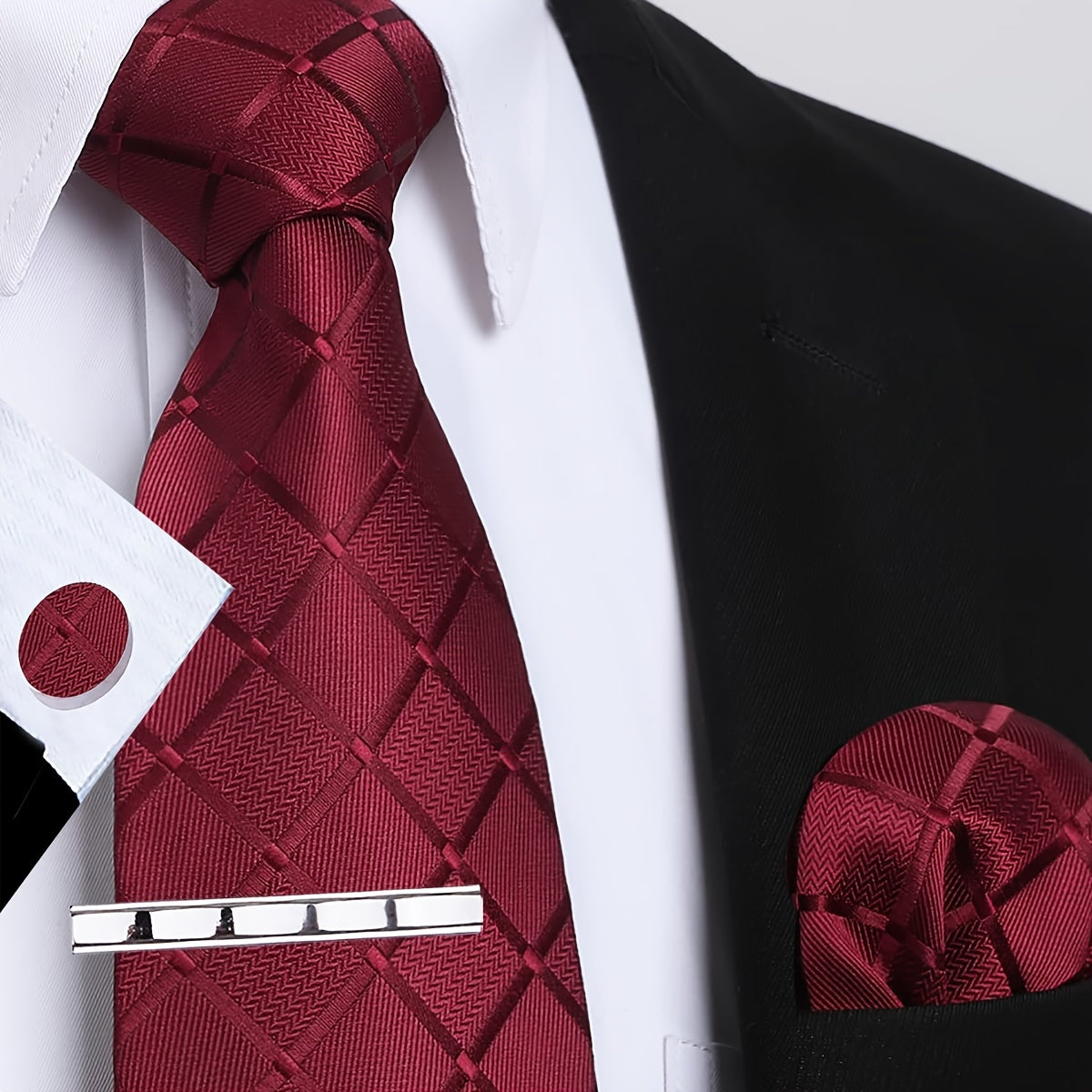 Men's Plaid Tie Set with Square Scarf Cufflinks for Weddings and Parties