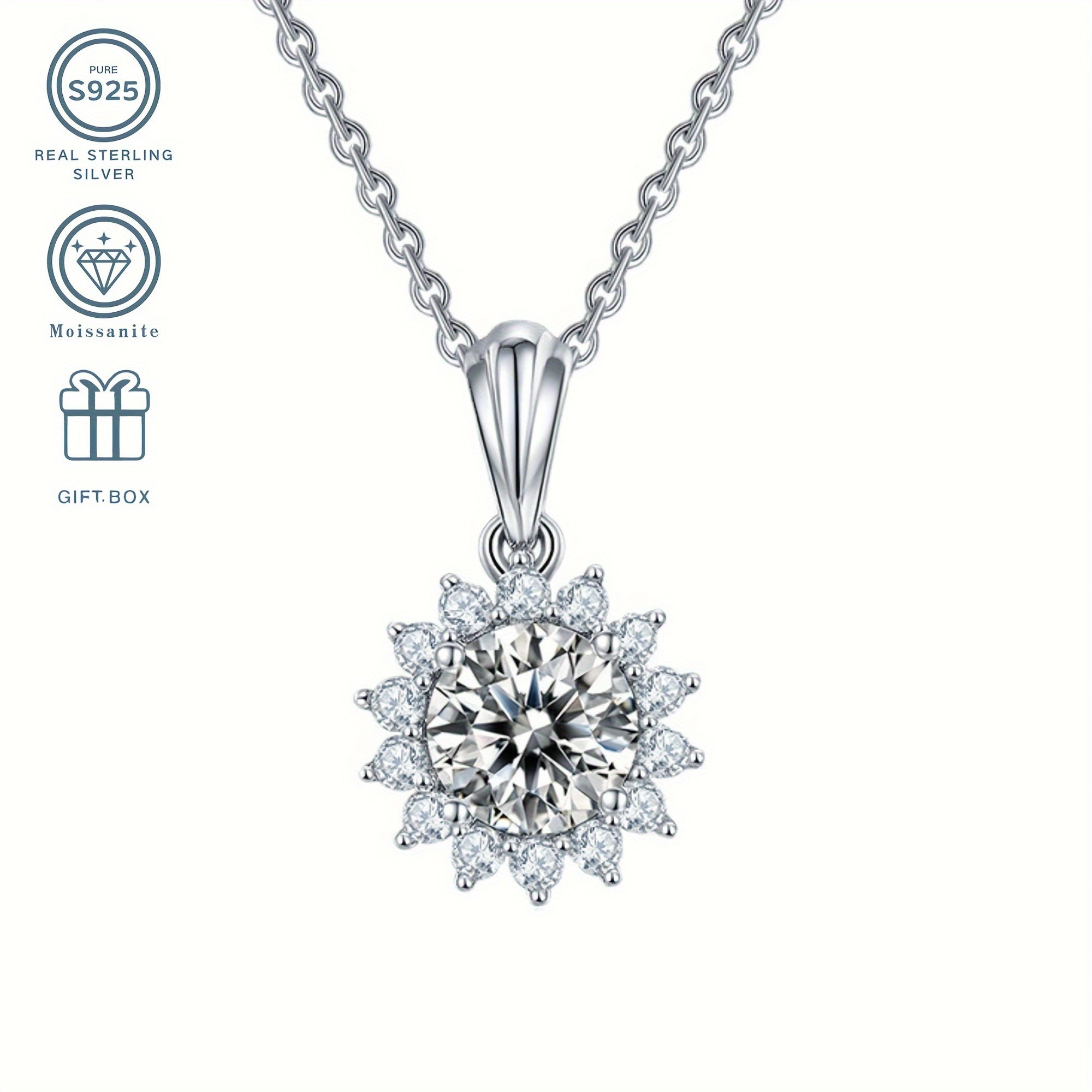 Sunflower Moissanite Jewelry Set S925 kumush qoplamada, hypoallergenic 1CT pendants va 0.5CT sirg‘alar bilan, umumiy og‘irligi 2.5g/2.2g. Ona kuni uchun mukammal, elegant kechki uslubda tennis zanjir bilan va porloq sovg‘a qutisida taqdim etiladi.
