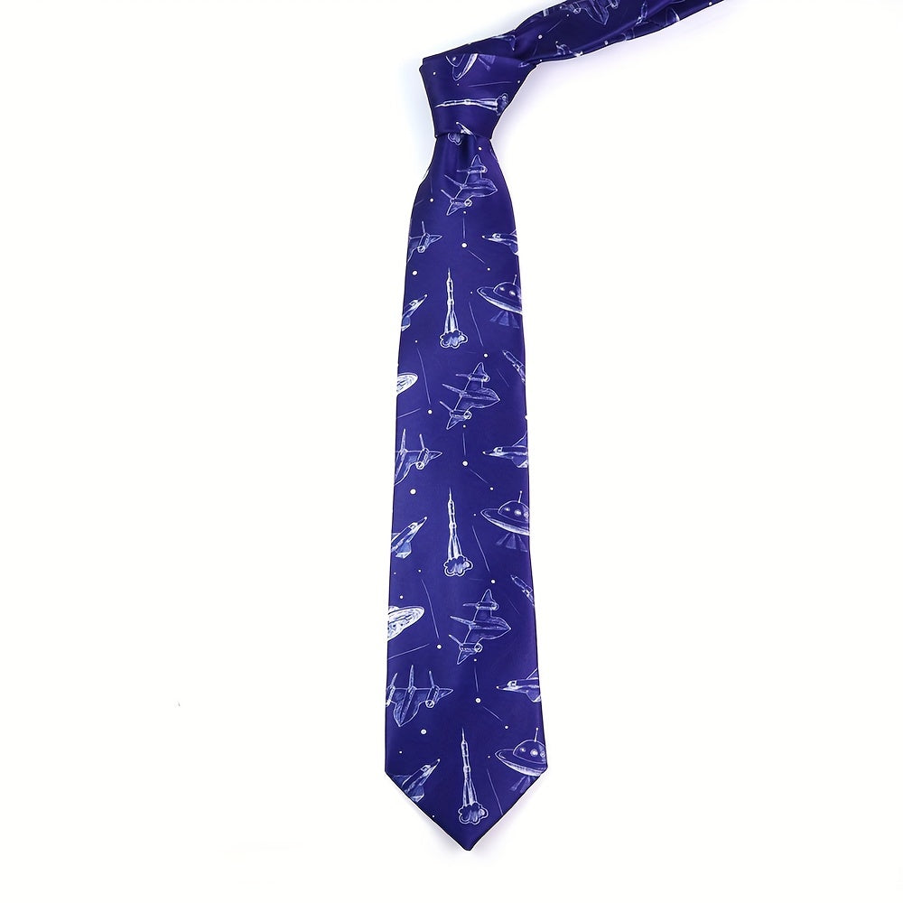 Silk-Like Printed Tie with Airplanes Planets Symbols Musical Notes Footballs for School Work Party