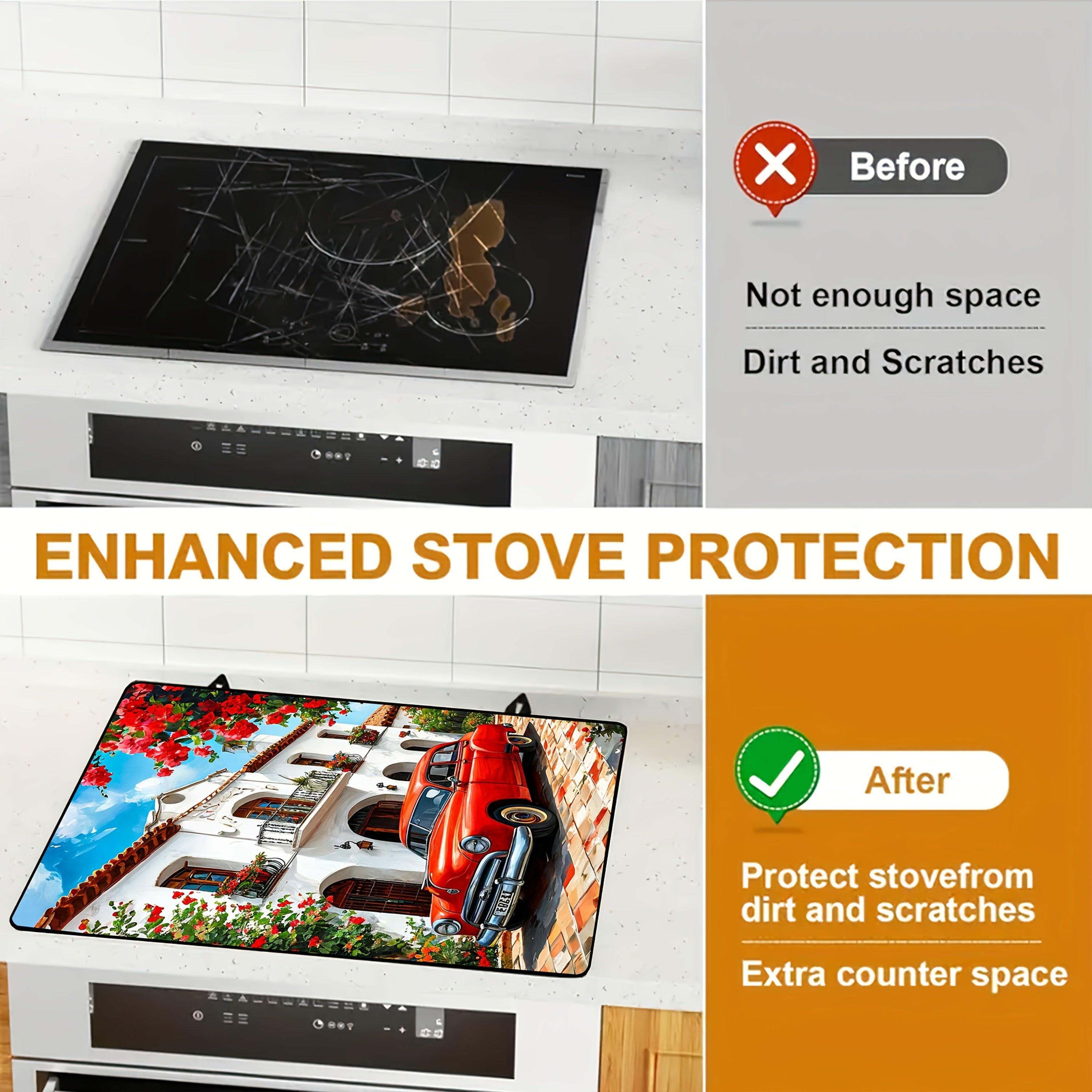 Vintage Red Car and European Scenery Kitchen Mat 72cm x 52cm Heat-Resistant Rubber Protector