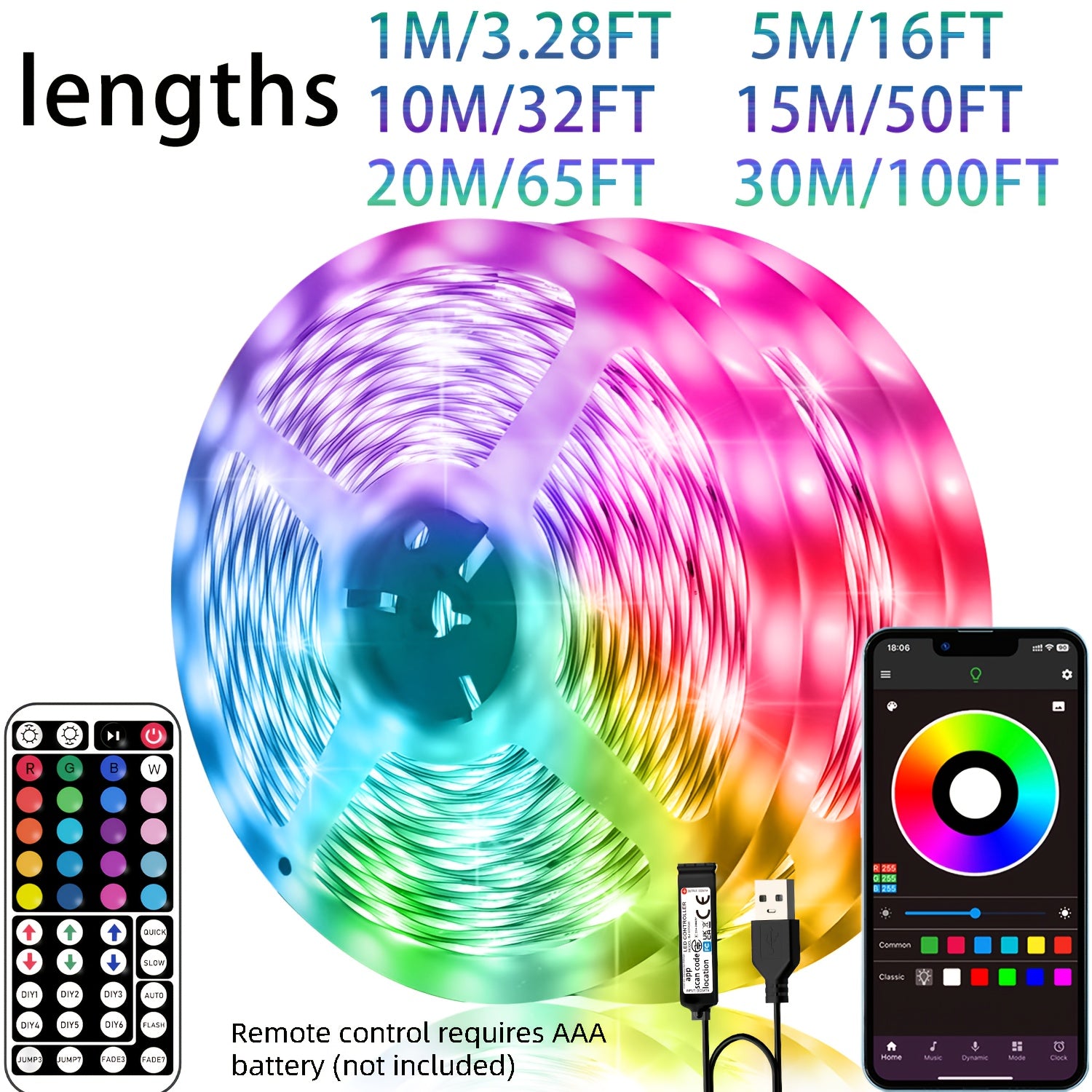Tira de luces LED RGB de 5V alimentada por USB de 91,44cm a 30,48m con control remoto, aplicación, regulable, cambio de color para dormitorio, sala de estar, fiesta