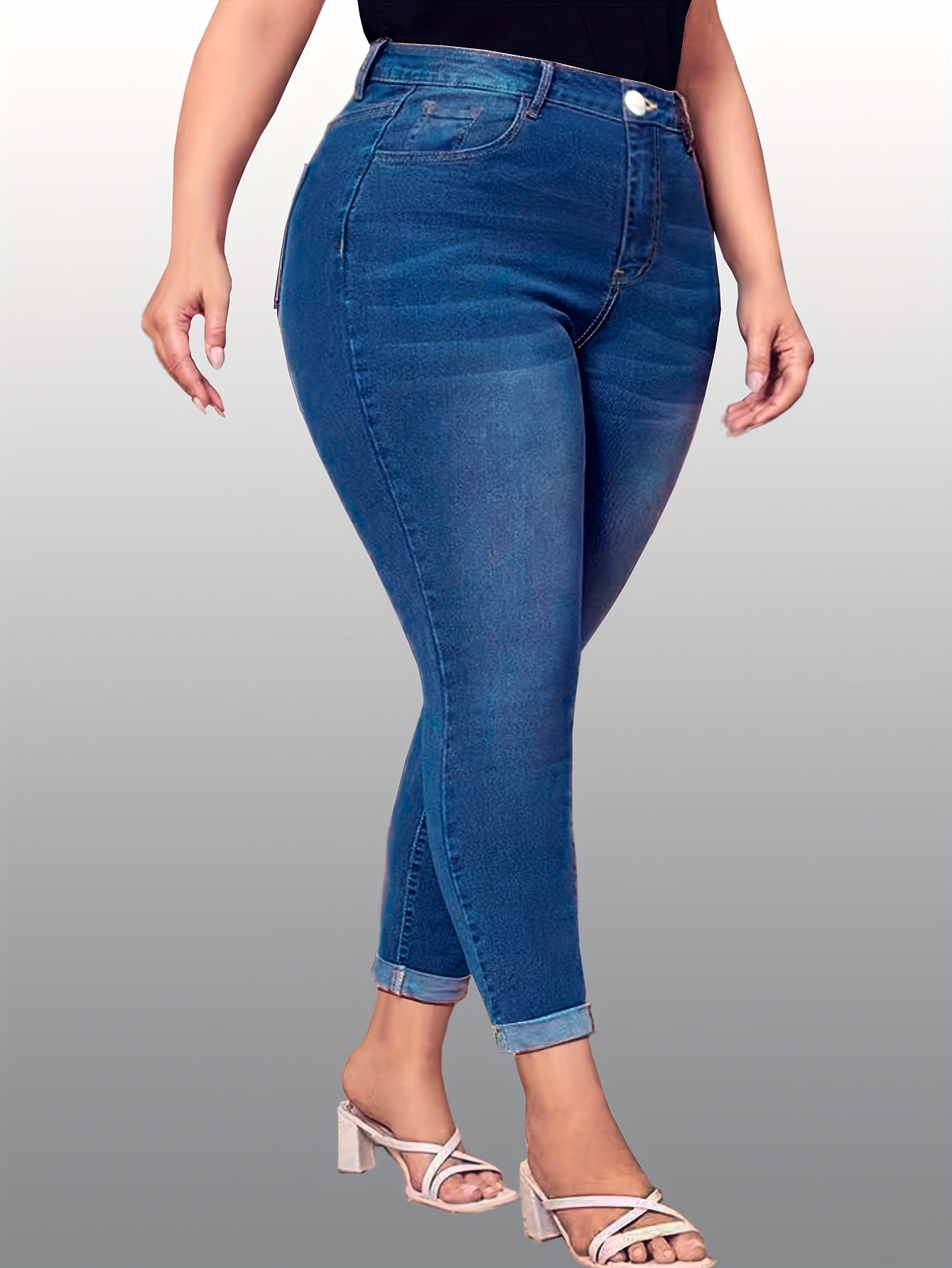Plus Size Women's High Stretch Rolled Up Jeans Pants