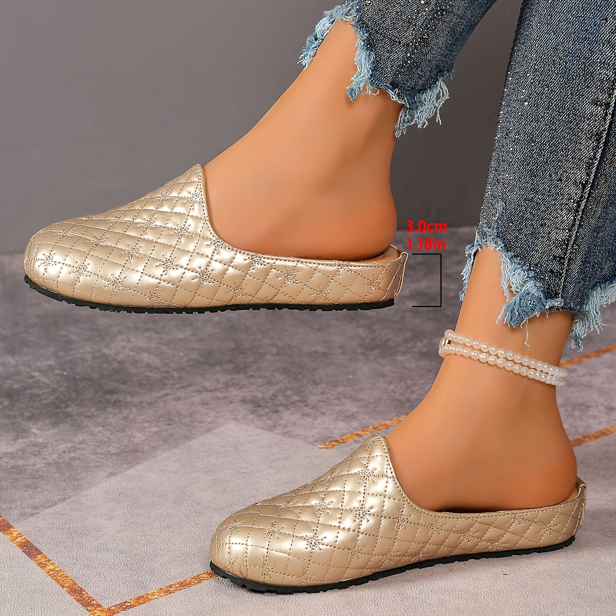 Women's Quilted Mules Slip-On Casual Closed Toe Faux Cover Rubber Sole