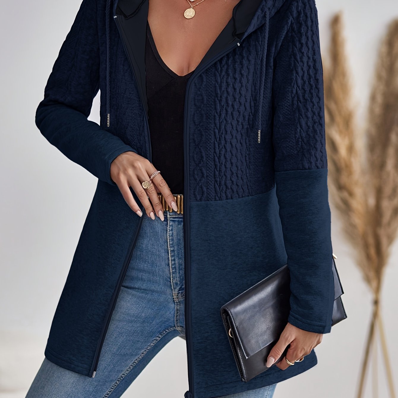 Women's Gray Hooded Cardigan Polyester Zipper Solid Color All Season