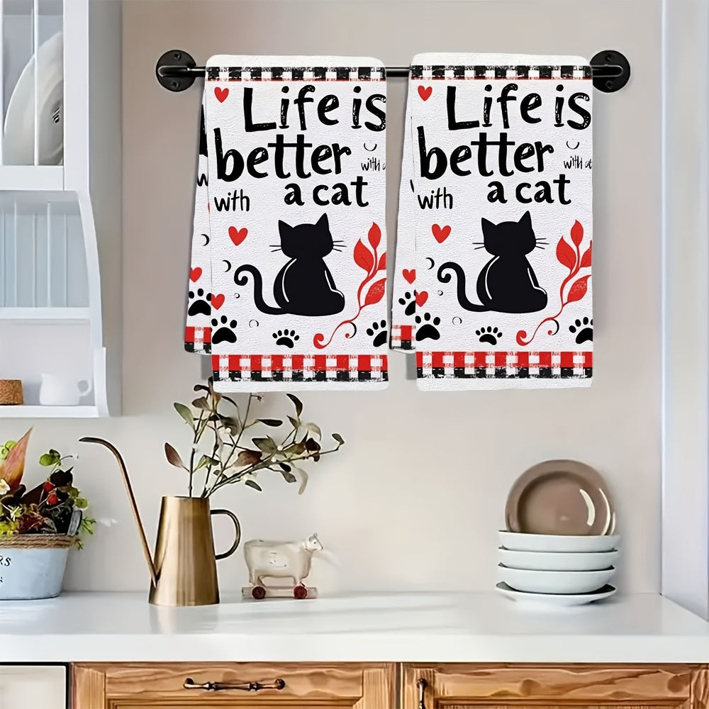 2 Pack Ultra Soft Kitchen Towels with Cat Text and Kitten Illustration 16x24 Inches