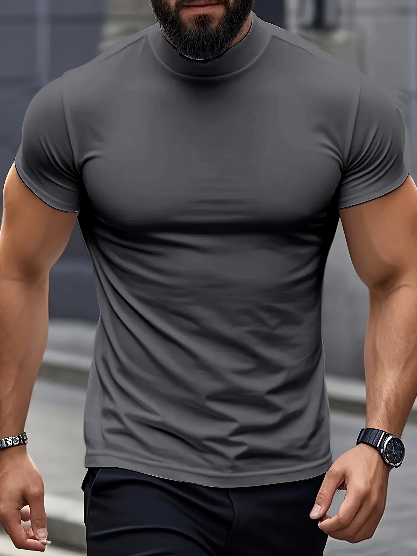Camiseta de manga corta de corte ajustado para hombre con cuello alto, transpirable, de poliéster y spandex, para gimnasio y actividades al aire libre