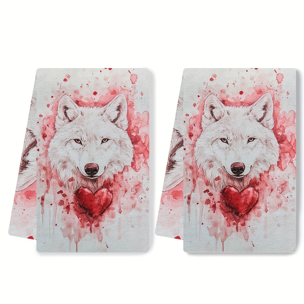 Qizil yurak bilan Valentine’s Day Wolfy dizayni bilan 2 ta oq oshxona sochiq to'plami