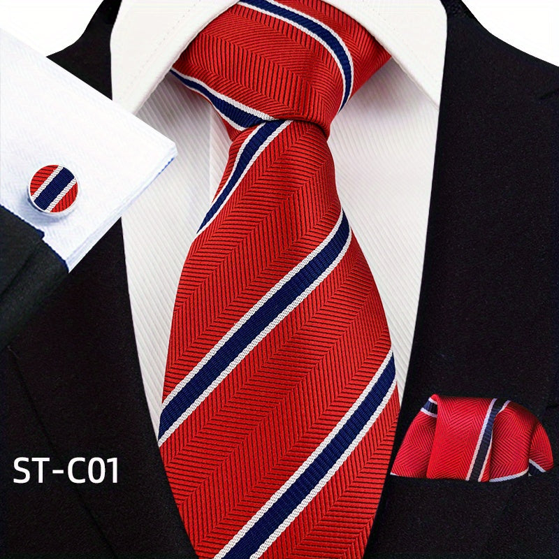 Men's Suit Set with Tie, Pocket Square and Cufflinks in Stripe and Paisley Design