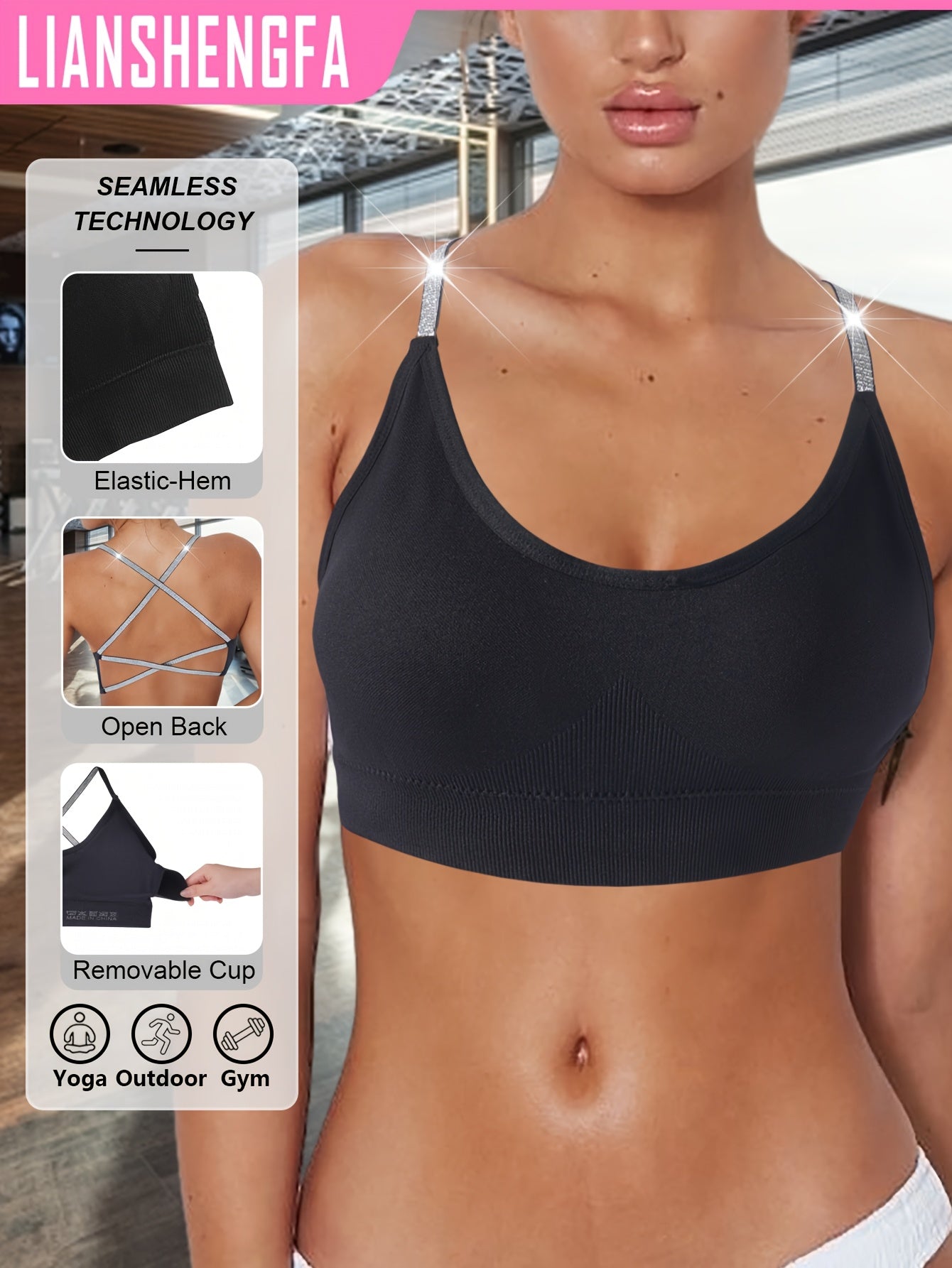 Women's Glittery Backless Sports Bra with Colorful Straps High Support Breathable for Workout