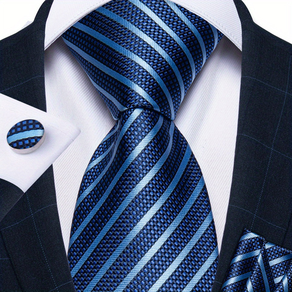 Men's Blue Paisley Striped Tie Handkerchief Cufflinks Wedding Accessories Set