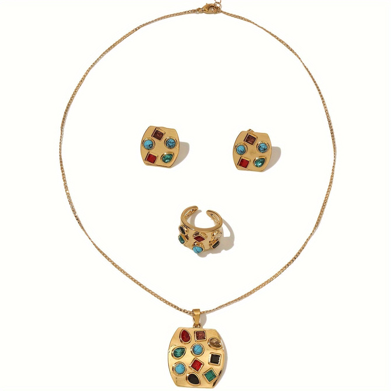 Vintage uslubidagi mis qotishma zargarlik to'plami, malaxit va rhinestone aksentlari bilan, nafis oltin qoplamada - to'plamga kvadrat pandantli marjon, quloq bilaguzuklari va uzuk kiradi - oddiy kiyim va sovg'a berish uchun ideal