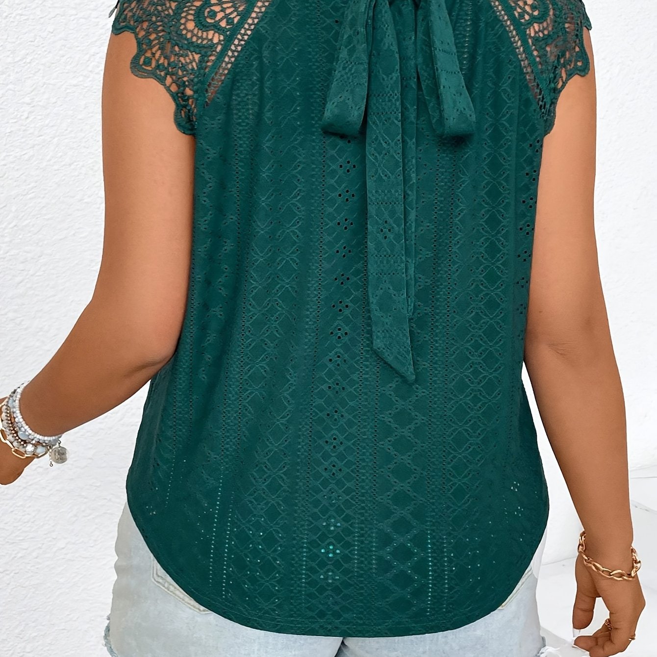 Women's Lace Sleeveless Top with Back Bow Light Green Short Sleeve Casual