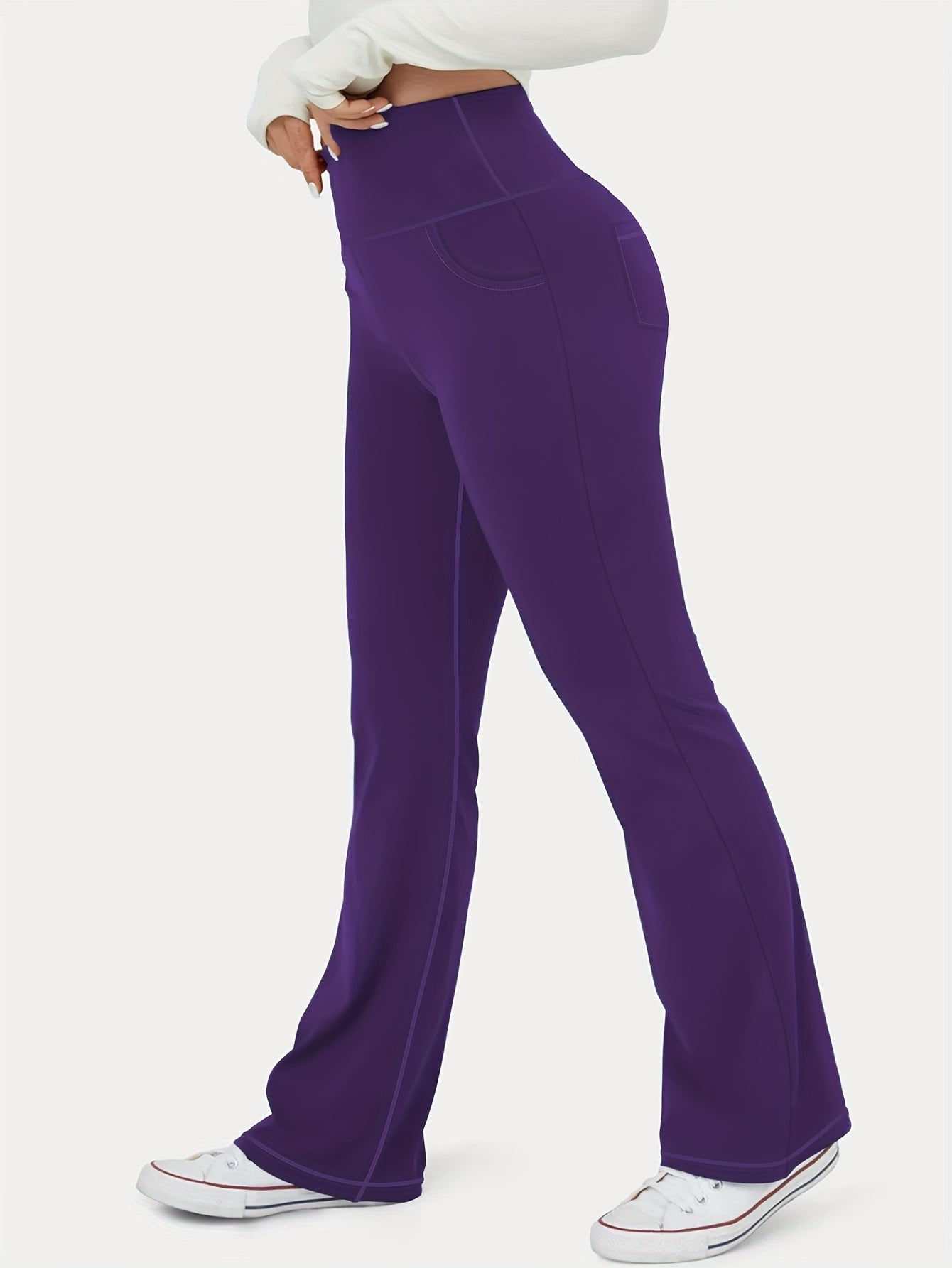 Женские спортивные леггинсы с расклешёнными штанинами и карманами, высокая талия, однотонные, эластичные штаны plus size