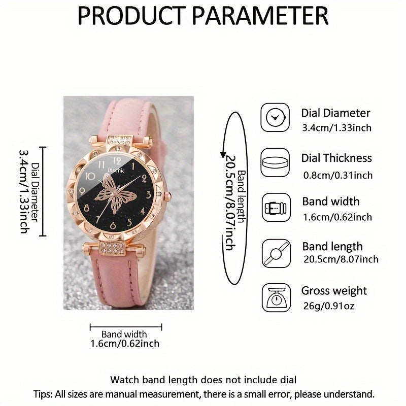 Pink Quartz Watch with PU Leather Strap Zinc Alloy Dial and Butterfly Jewelry for Women