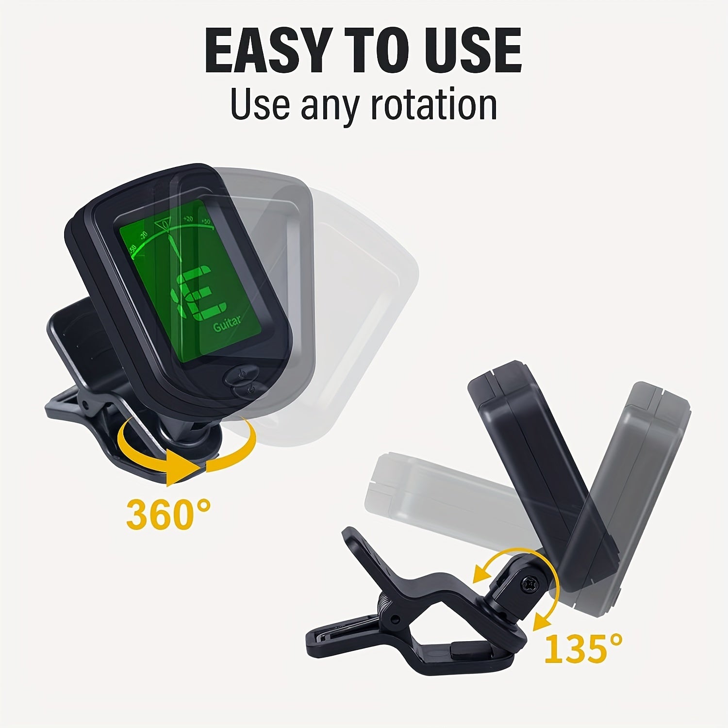 Clip-On Guitar Tuner with 360-Degree Display Black Battery Powered