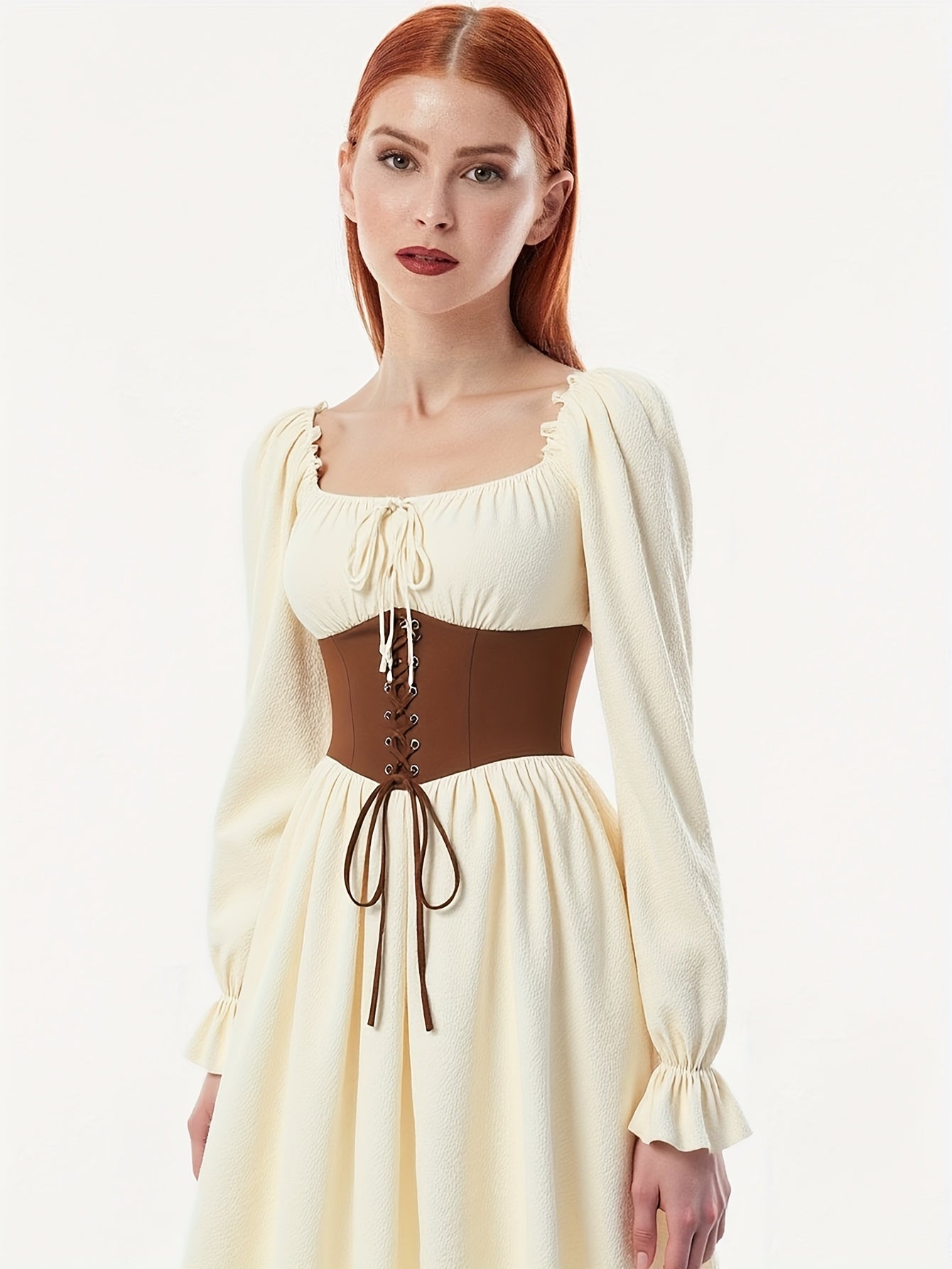 Plus Size Long Sleeve Dress with Square Neck Asymmetrical Hem Beige Brown Color Block