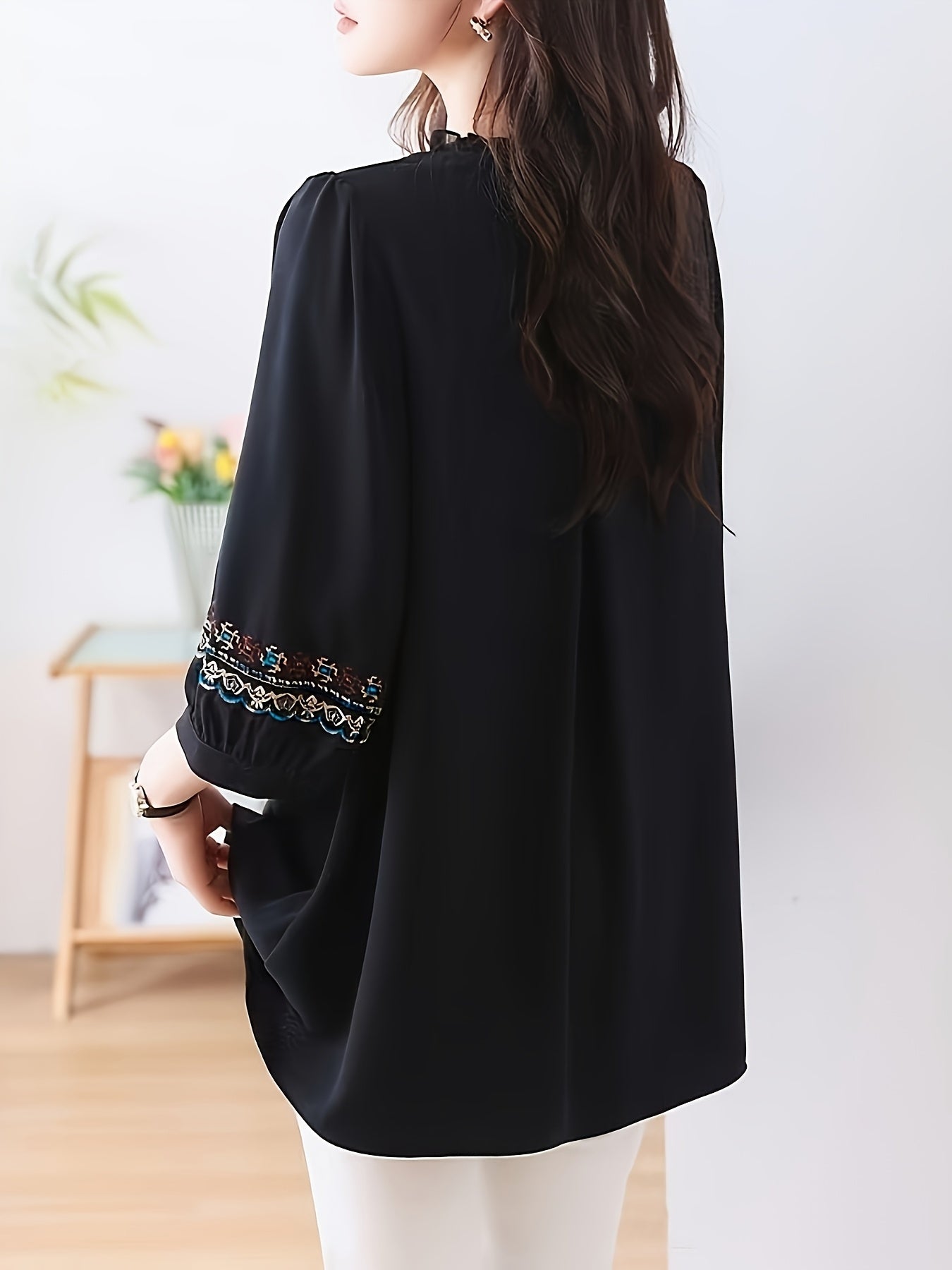 Блузка больших размеров с вышивкой для женщин свободного кроя с круглым вырезом и рукавом 3/4