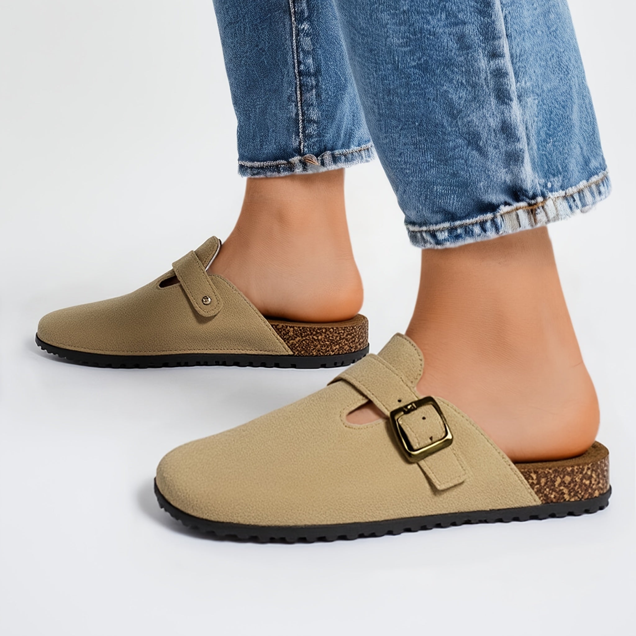 Women's Beige Mules with Buckle Detail Soft Fabric Lining Non-Slip Rubber Sole