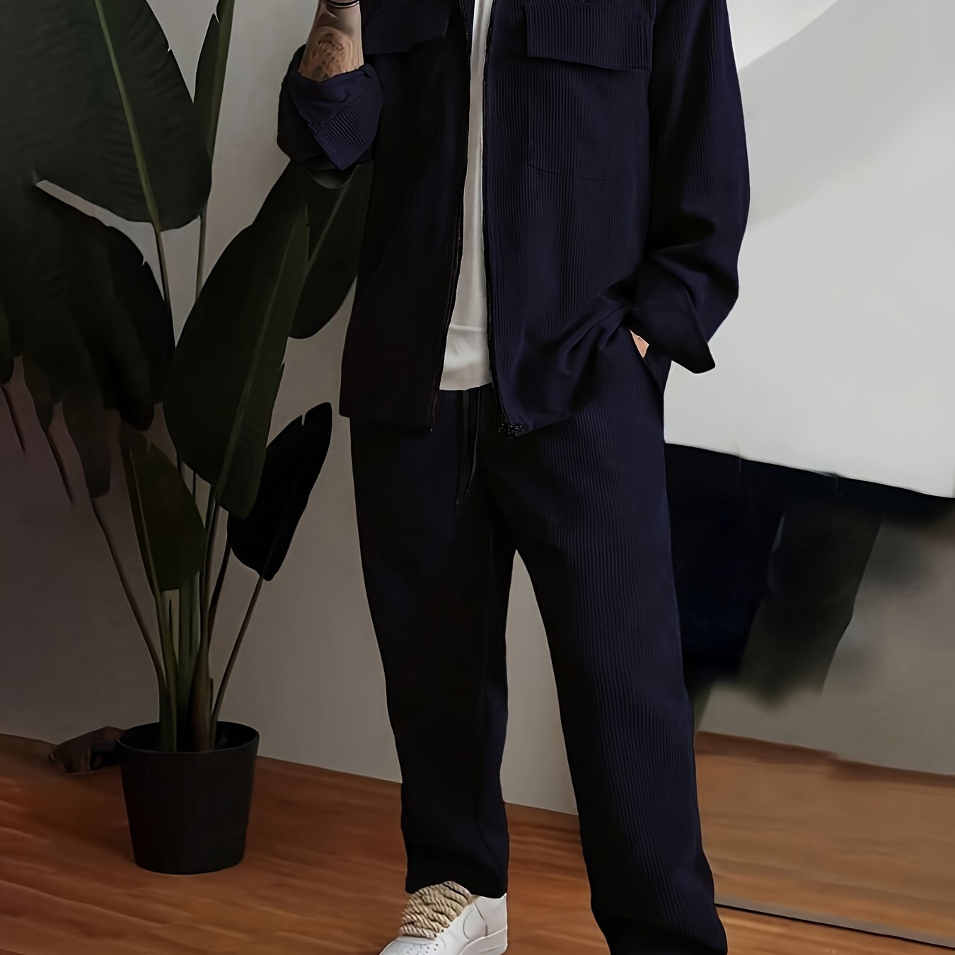 Conjunto de ropa deportiva casual de poliéster para hombre, chaqueta y pantalones, para fitness al aire libre y uso casual