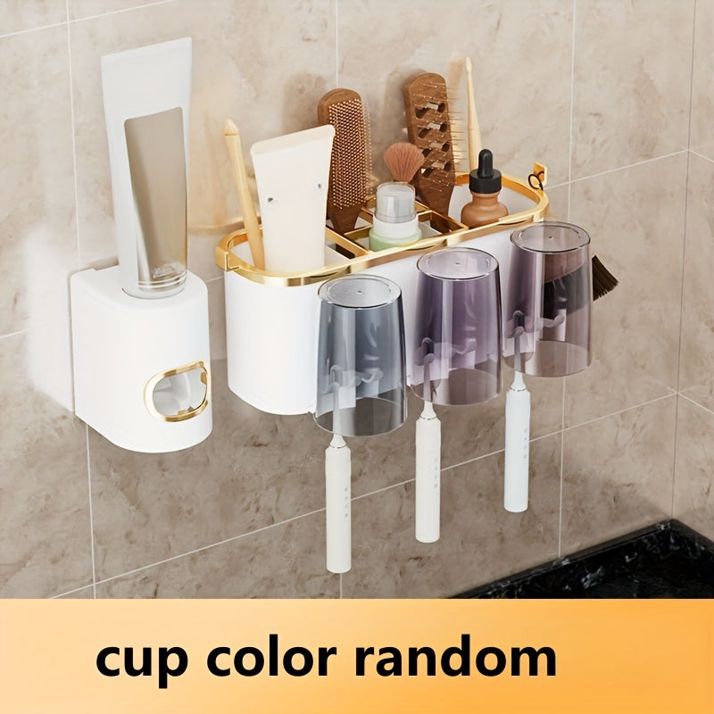 RV Wall-Mounted Bathroom Organizer Set with Automatic Toothpaste Dispenser and Multi-Color Cups