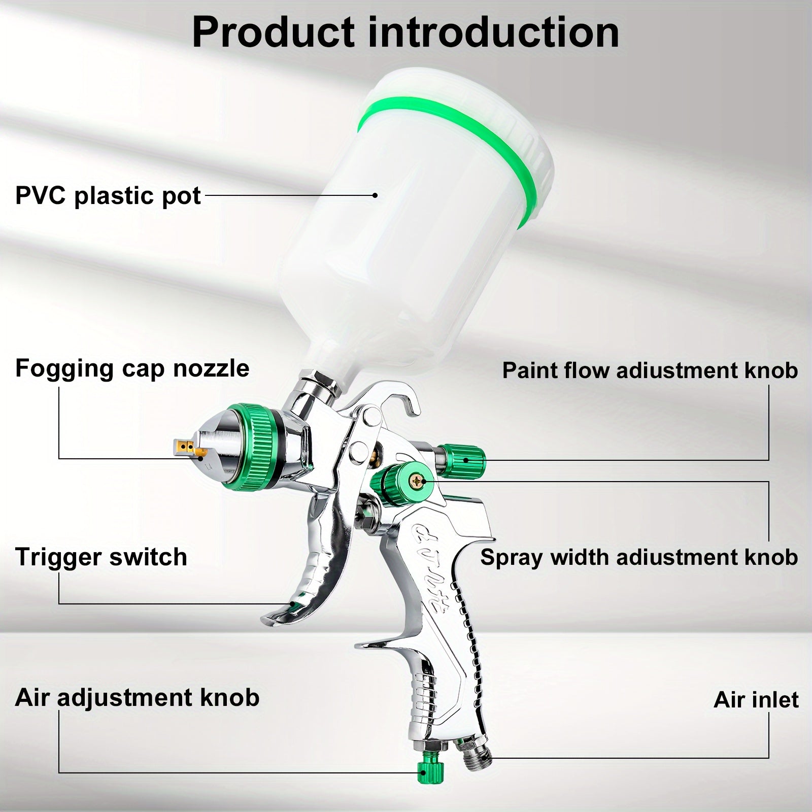 Green Stainless Steel HVLP Spray Gun with 1.4/1.7/2.0mm Nozzles and 600cc Cup