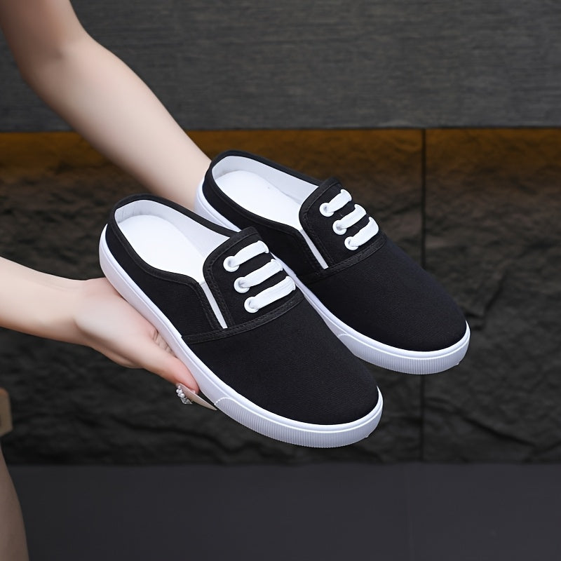 Women's Slip-On Sneakers Breathable Black Fabric Low-Top Shoes with White Sole