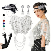 Women's 1920s Flapper Costume Accessory Set Headband Shawl Earrings Gloves for Roaring 20s Parties