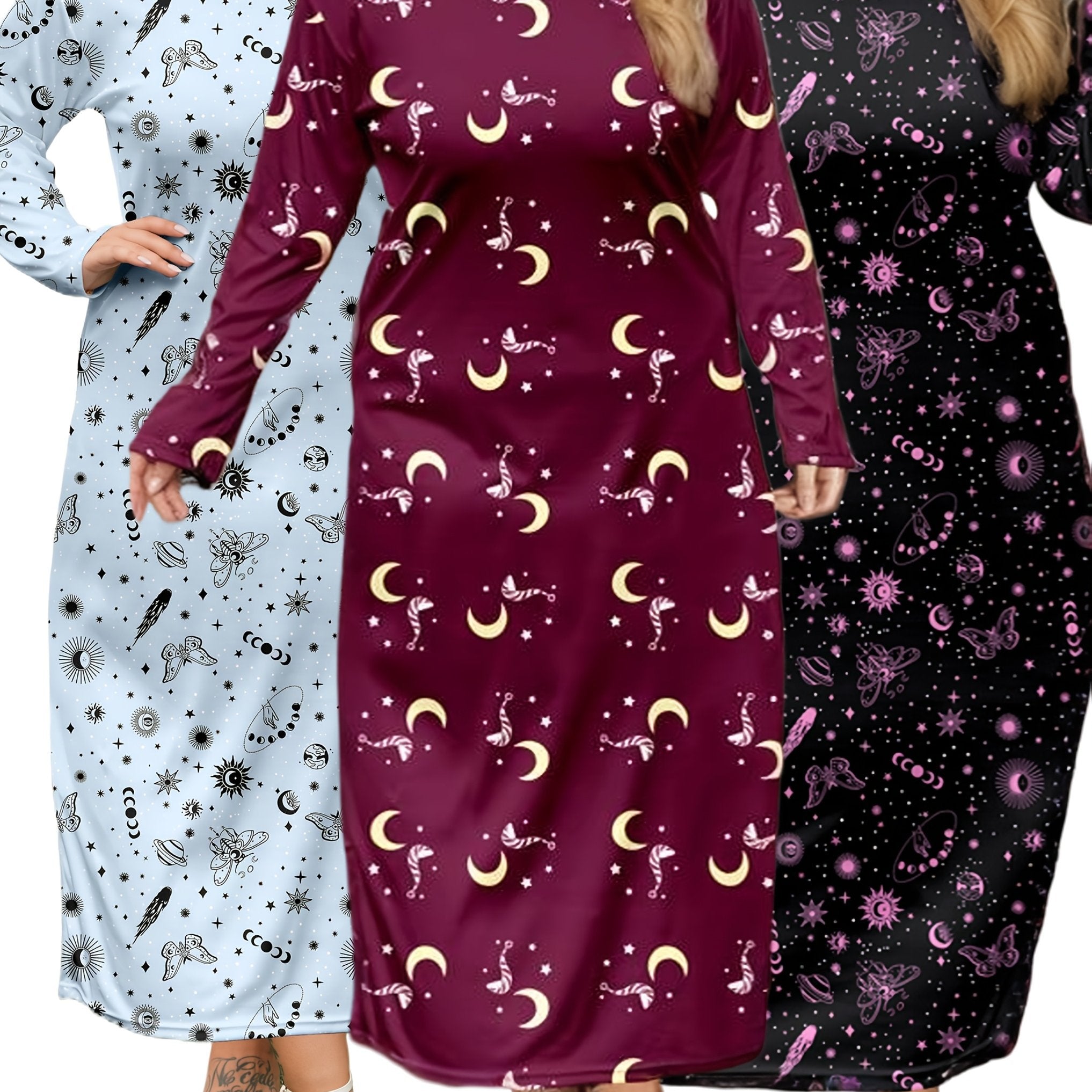 Women Long Sleeve Night Dresses Butterfly Print Casual Sleepwear Pack