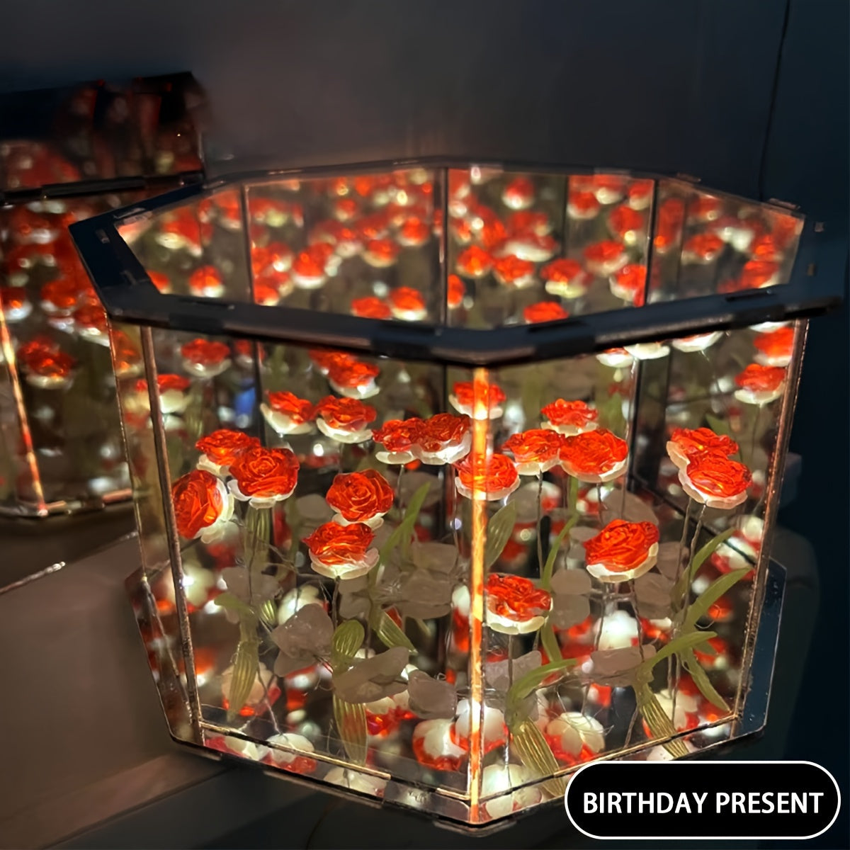 Hexagonal Rose 3D Night Light with Mirror and Lamp for Bedroom Decor