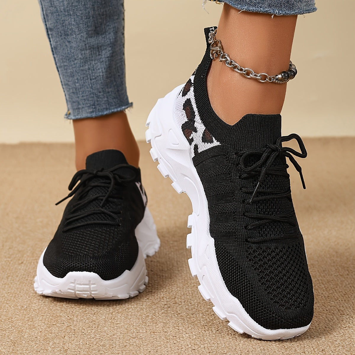 Women's Leopard Print Sneakers Breathable Mesh Low-Top Running Shoes