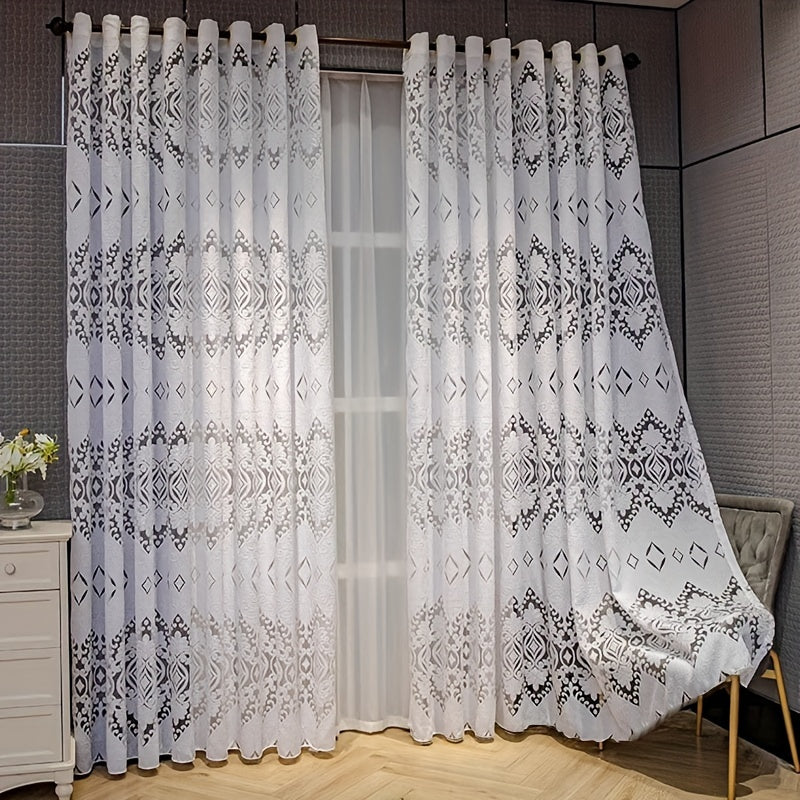 Sheer Curtains Set of 2 Brown and White European Villa Style Jacquard Embroidered for Living Room Bedroom