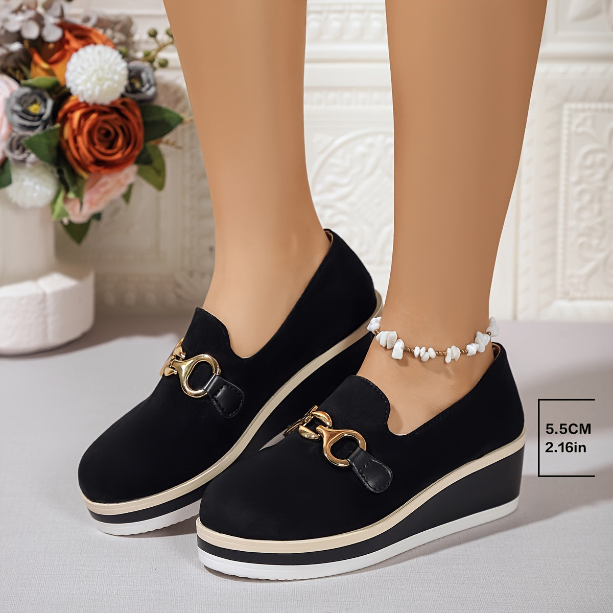 Women's Black Slip-On Loafers with Gold Buckle, Comfortable Platform Shoes
