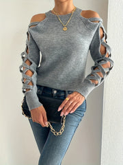 Women's Fall Sweater with Cut-Out Sleeves Knit Textured Crew Neck Acrylic Nylon Polyester